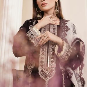 Stylish portrait of a woman in embroidered Pakistani attire, showcasing luxury fashion indoors.